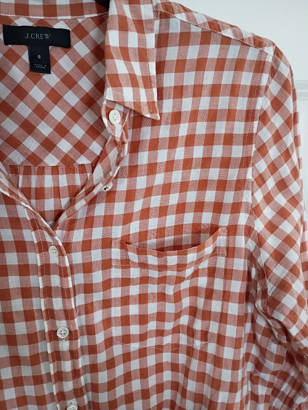 J. Crew Rust and White Gingham Button-Front Tie Shirt